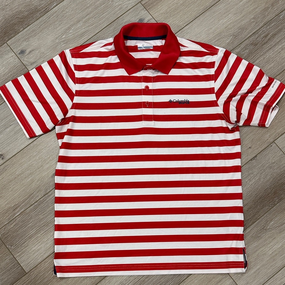 Men’s Columbia Polo with Coral and White Stripes